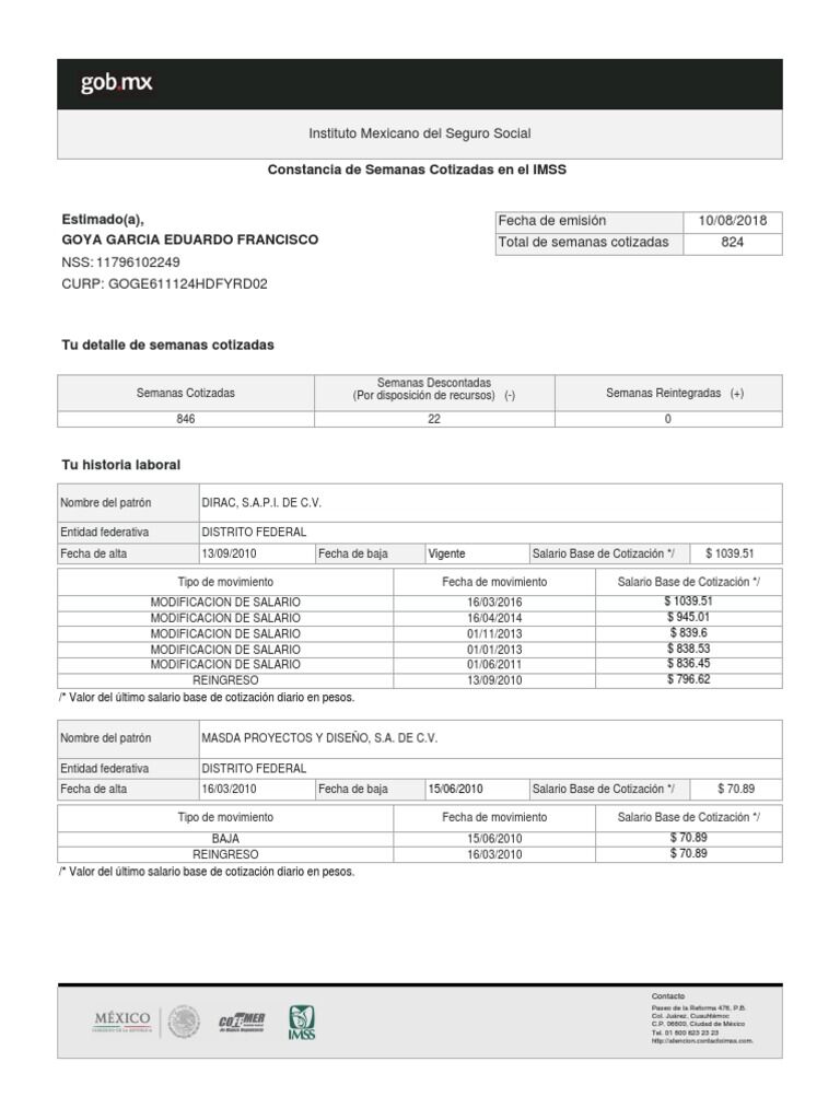 Constancia de Semanas Cotizadas Del Asegurado