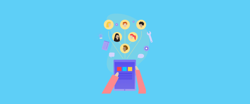 Manos usando una tableta que gestiona un equipo de trabajo o perfiles de empleados
