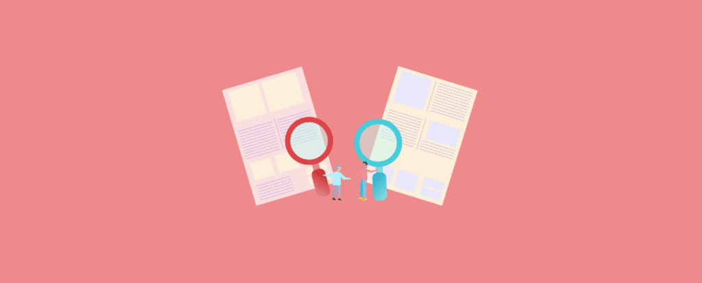 Ilustración de personas revisando documentos con lupas