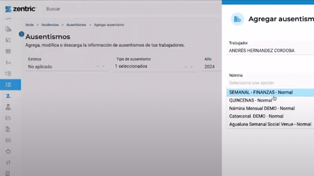 agregar ausentismo zentric