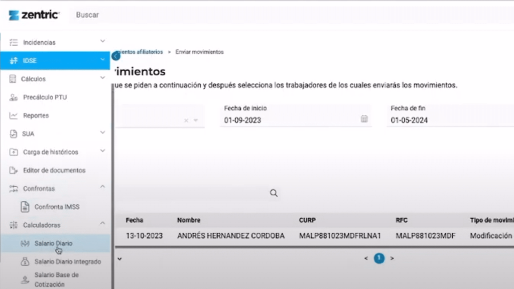 menu de opciones salario diario zentric