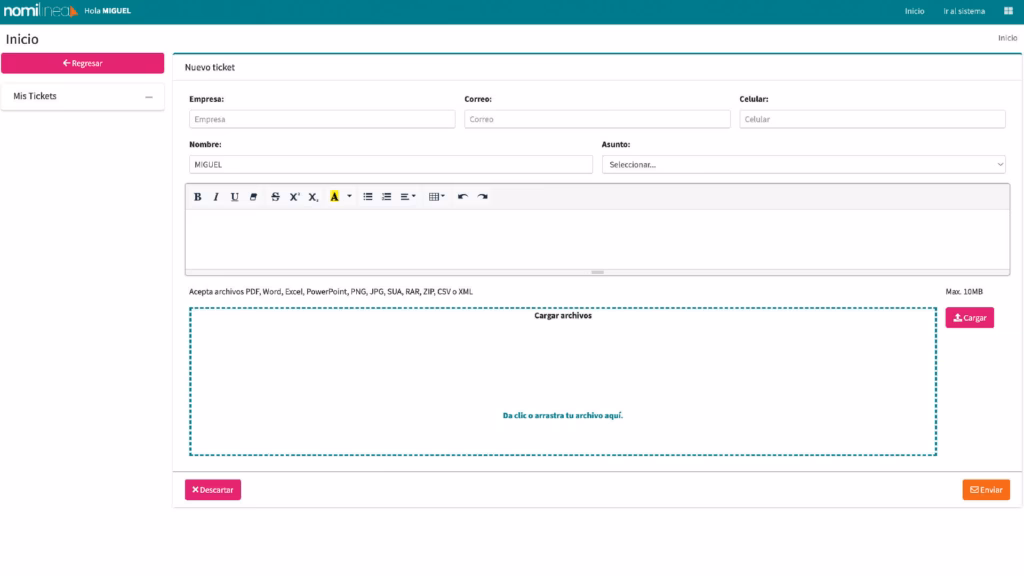 formulario Nuevo Ticket en el sistema Nomi